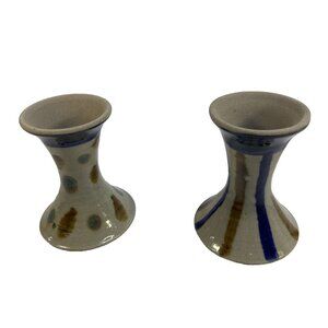 Vintage Pair Studio Art Pottery Candle Holders Gray Glazed Artist Signed 3 7/8